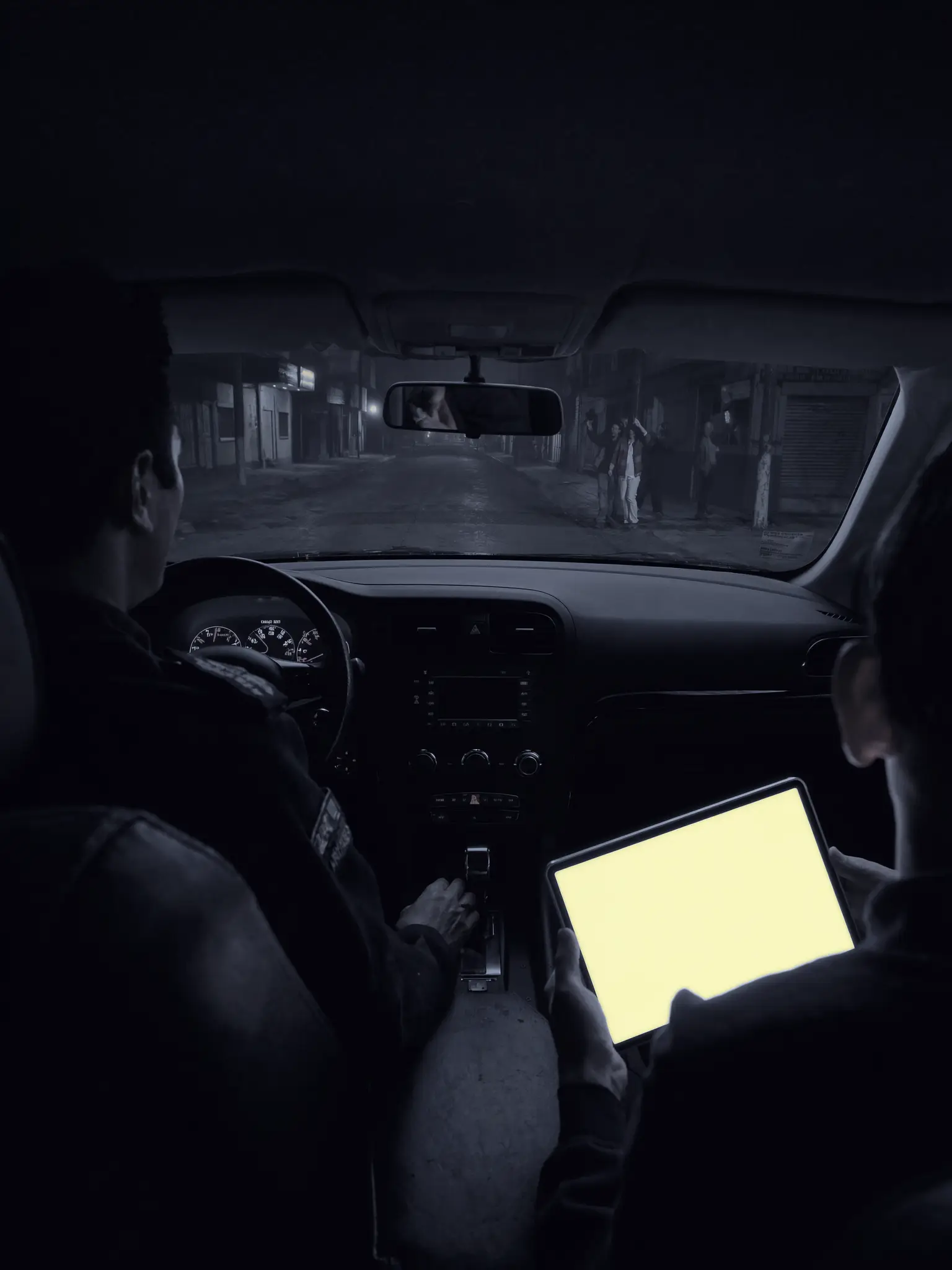 Desde el asiento trasero de un auto de patrullaje, el copiloto revisa una tablet encendida; afuera, la gente levanta el celular buscando señal